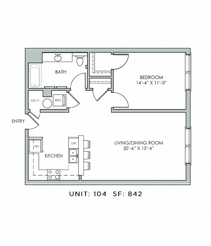 Floor plan for 1 bed, 1 bath, 842 sqft