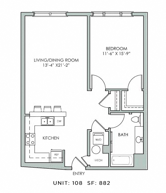 Floor plan for 1 bed, 1 bath, 882 sqft