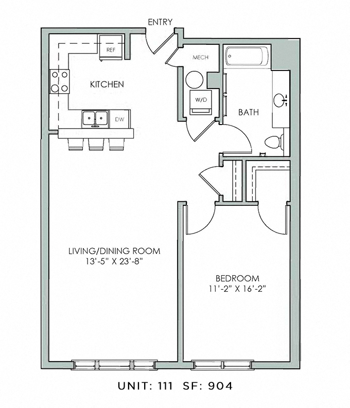 Floor plan for 1 bed, 1 bath, 904 sqft