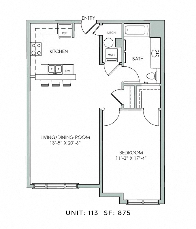 Floor plan for 1 bed, 1 bath, 875 sqft