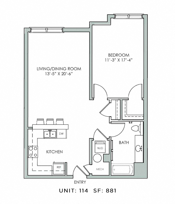 Floor plan for 1 bed, 1 bath, 881 sqft