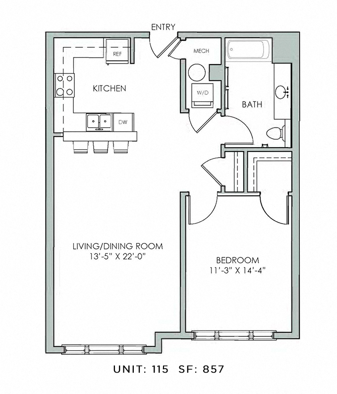 Floor plan for 1 bed, 1 bath, 857 sqft