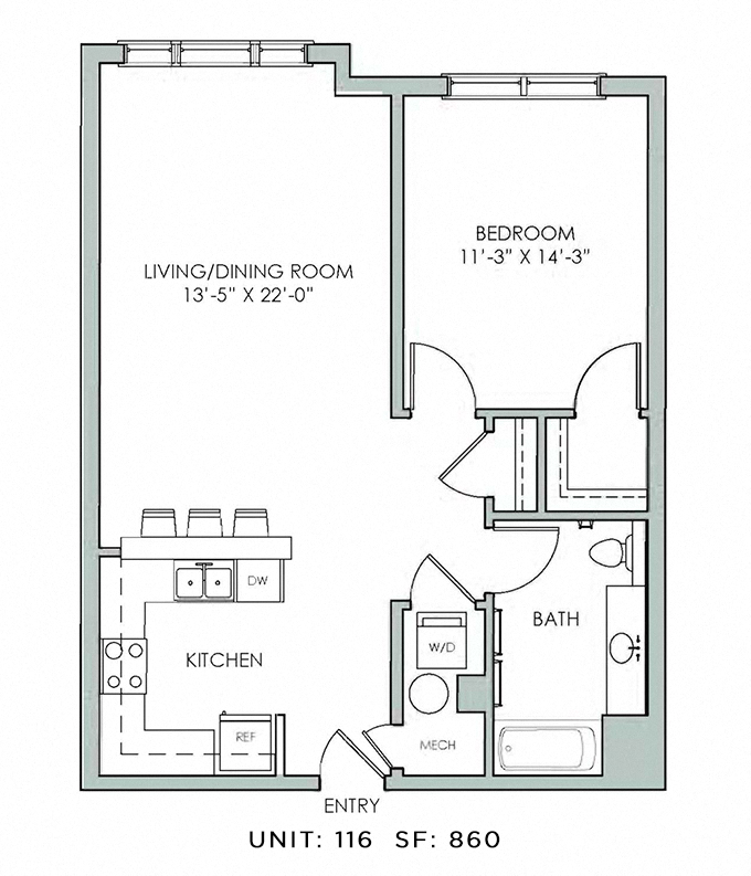 Floor plan for 1 bed, 1 bath, 860 sqft