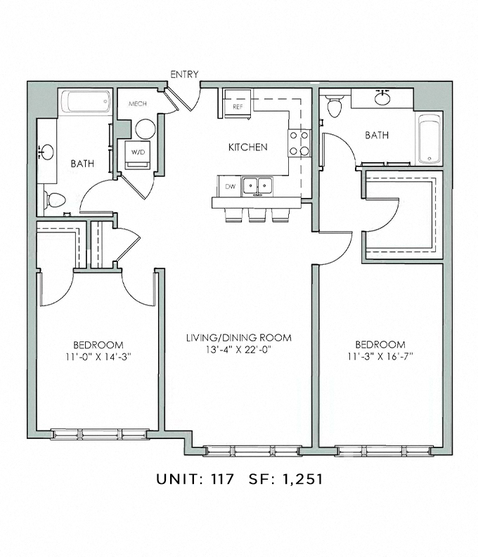 Floor plan for 2 beds, 2 baths, 1251 sqft