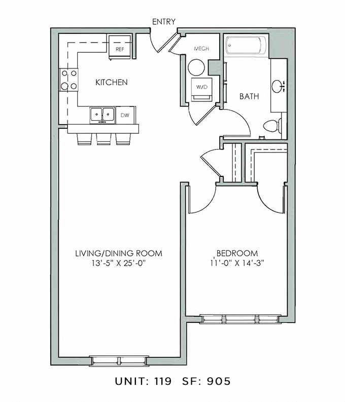 Floor plan for 1 bed, 1 bath, 905 sqft