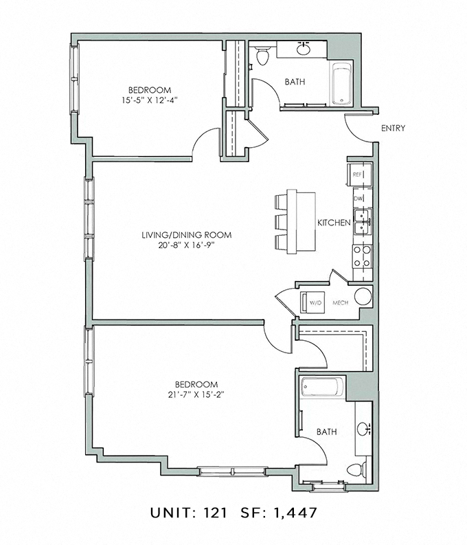 Floor plan for 2 beds, 2 baths, 1447 sqft