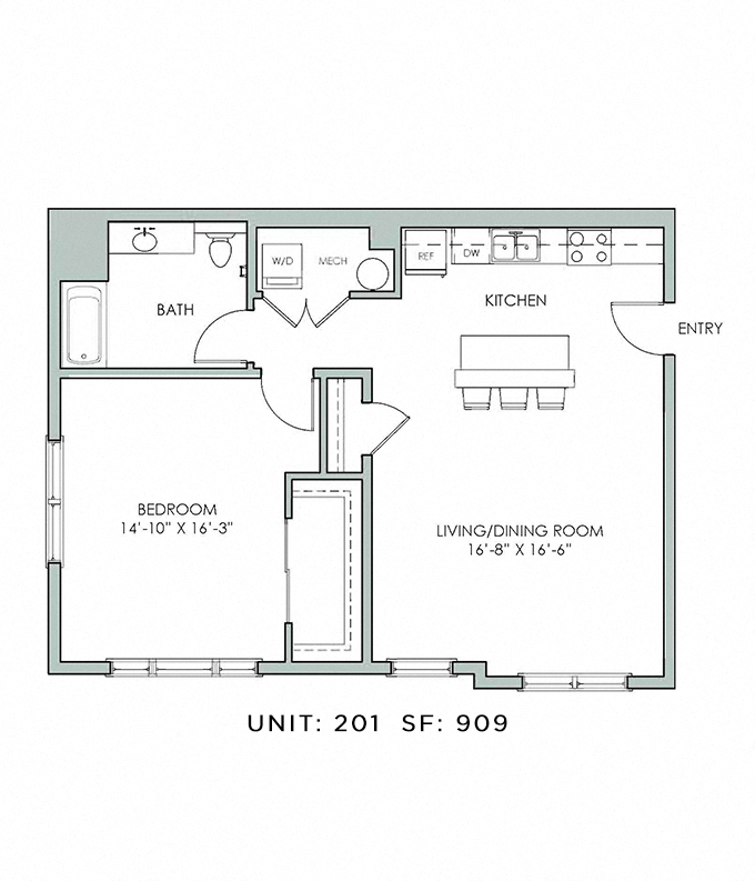 Floor plan for 1 bed, 1 bath, 909 sqft