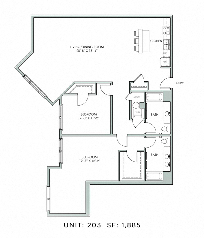 Floor plan for 2 beds, 2 baths, 1885 sqft