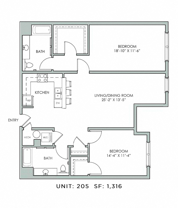 Floor plan for 2 beds, 2 baths, 1316 sqft