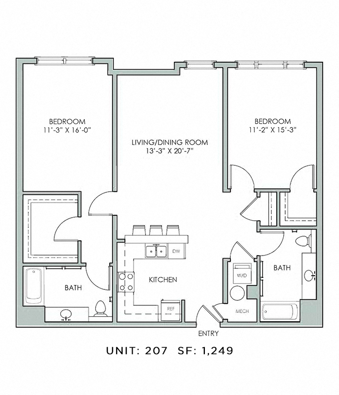 Floor plan for 2 beds, 2 baths, 1249 sqft