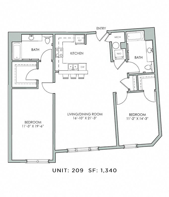 Floor plan for 2 beds, 2 baths, 1340 sqft