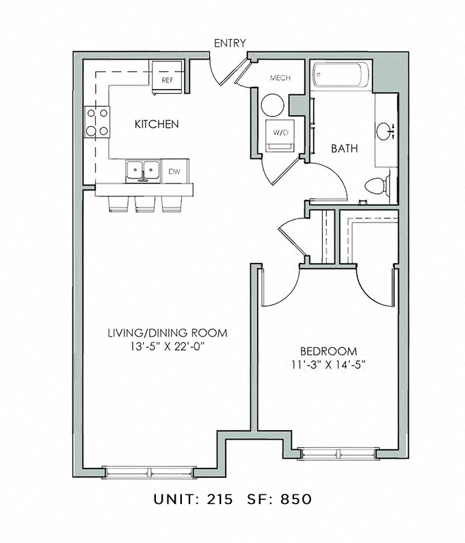 Floor plan for 1 bed, 1 bath, 850 sqft