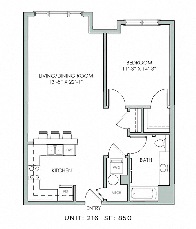 Floor plan for 1 bed, 1 bath, 850 sqft