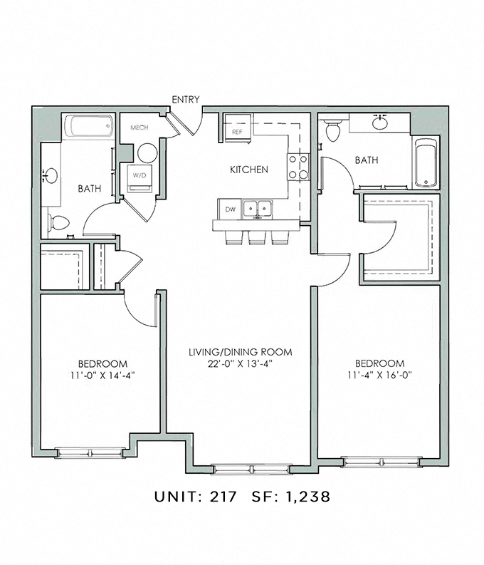 Floor plan for 2 beds, 2 baths, 1238 sqft