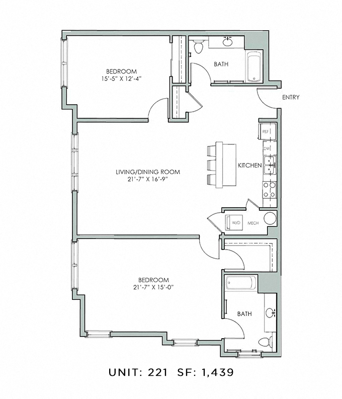 Floor plan for 2 beds, 2 baths, 1439 sqft