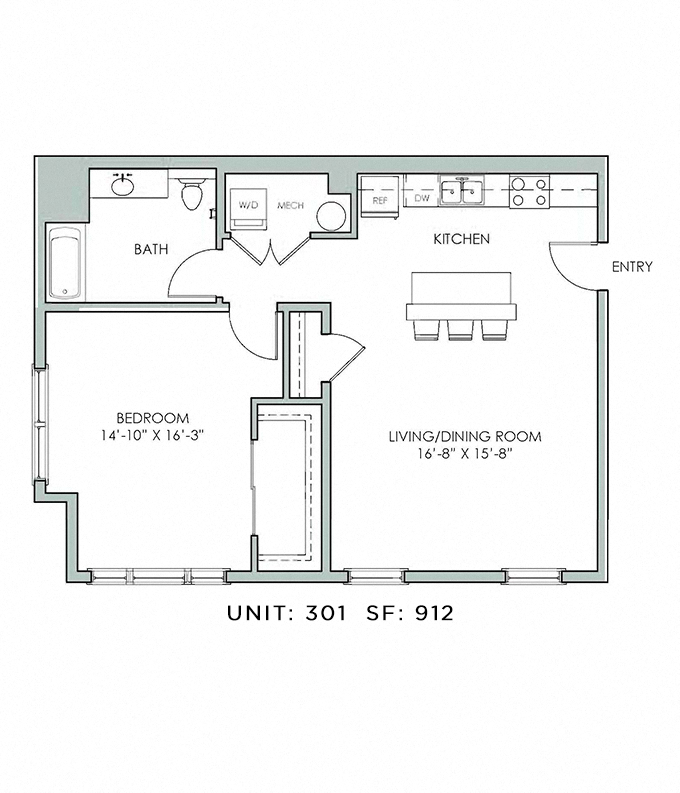 Floor plan for 1 bed, 1 bath, 912 sqft