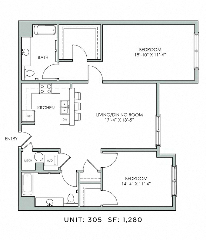 Floor plan for 2 beds, 2 baths, 1280 sqft