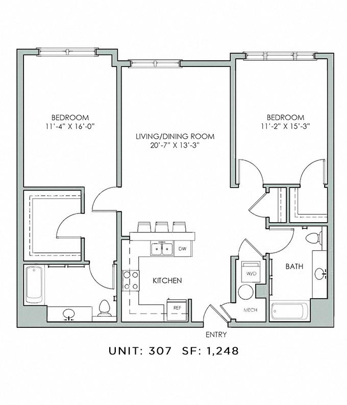 Floor plan for 2 beds, 2 baths, 1248 sqft