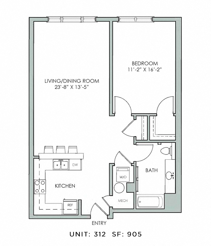Floor plan for 1 bed, 1 bath, 905 sqft