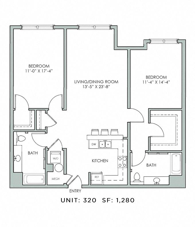 Floor plan for 2 beds, 2 baths, 1280 sqft