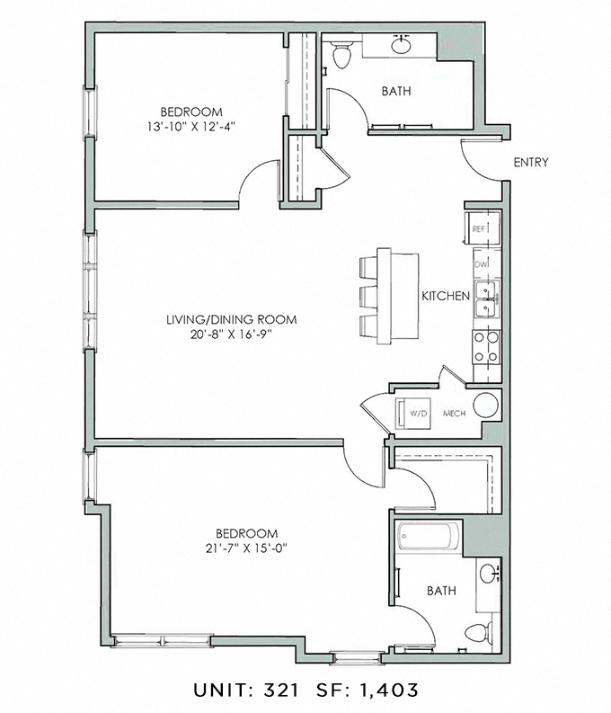 Floor plan for 2 beds, 2 baths, 1403 sqft