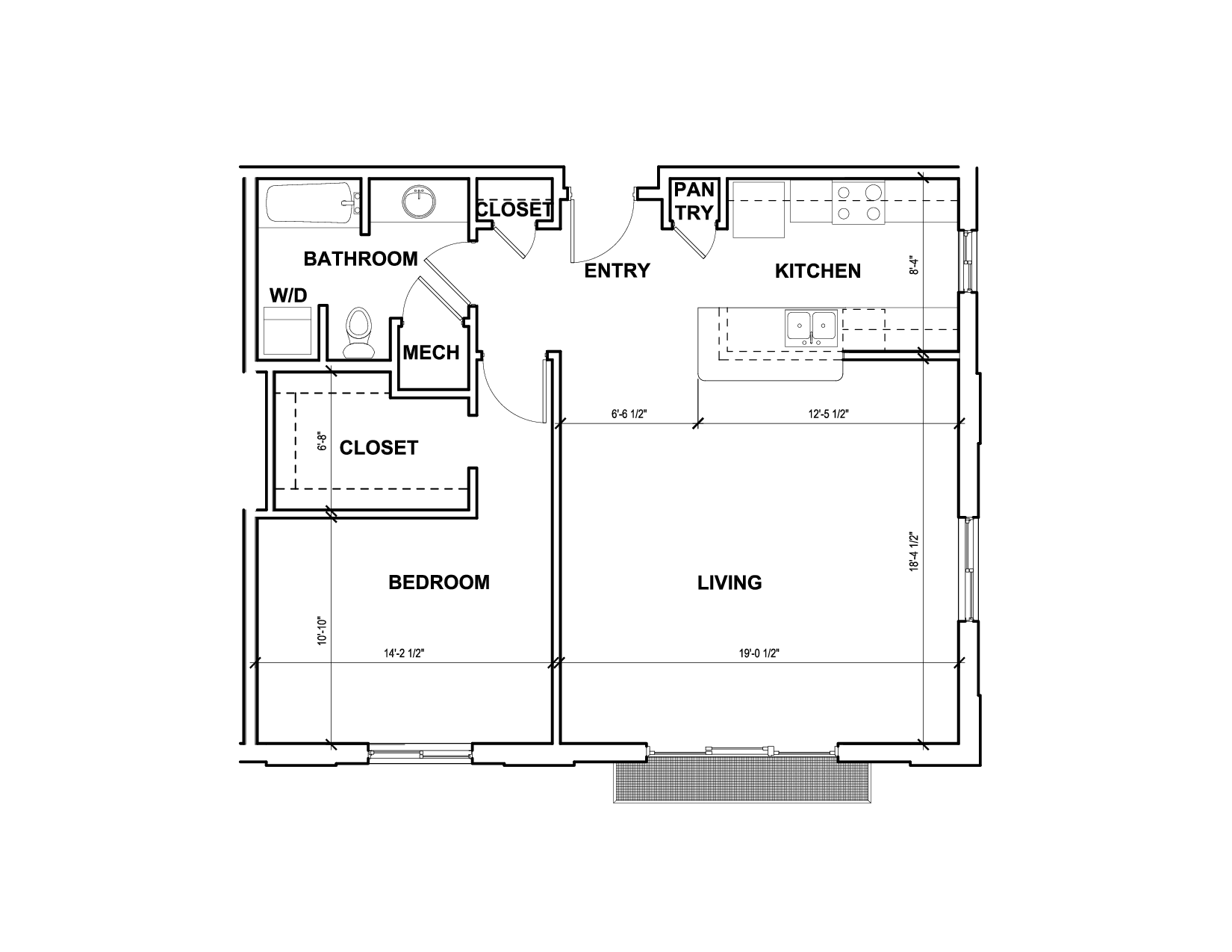 Floor plan for 1 bed, 1 bath, 981 sqft