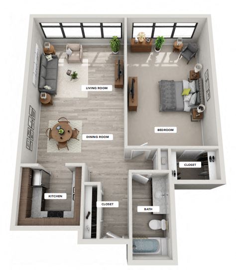 Floor plan for 1 bed, 1 bath, 1020 sqft