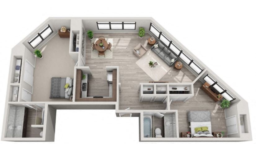 Floor plan for 2 beds, 2 baths, 1421 sqft