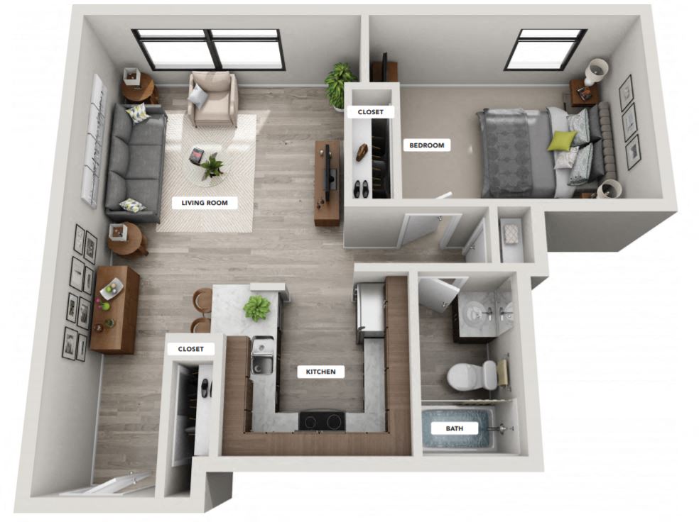 Floor plan for 1 bed, 1 bath, 640 sqft