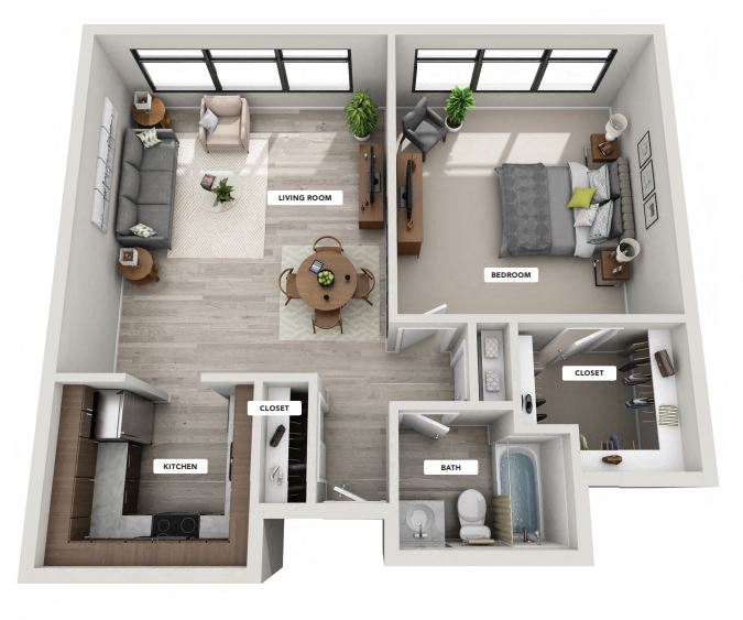 Floor plan for 1 bed, 1 bath, 994 sqft