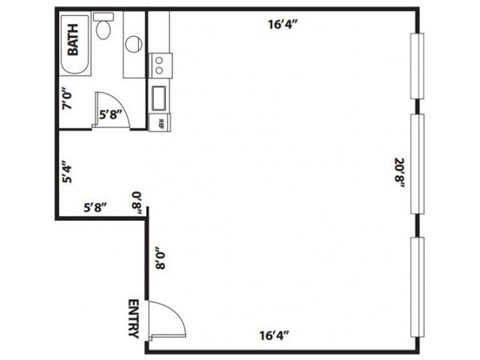 Floor plan for studio, 1 bath, 600 sqft