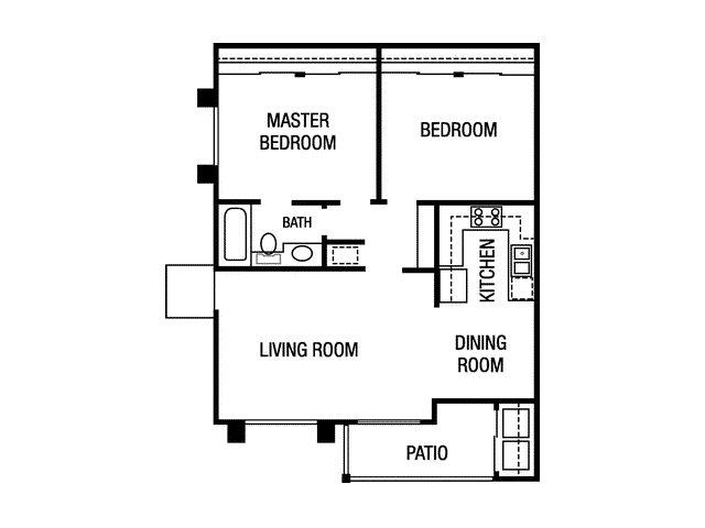 Floor plan for 2 beds, 1 bath, 851 sqft