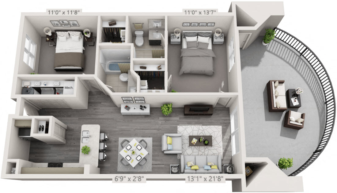 Floor plan for 2 beds, 2 baths, 1110 sqft
