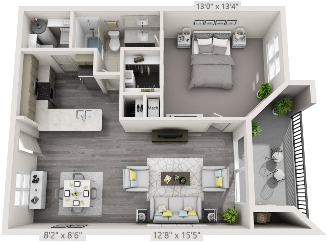 Floor plan for 1 bed, 1 bath, 840 sqft