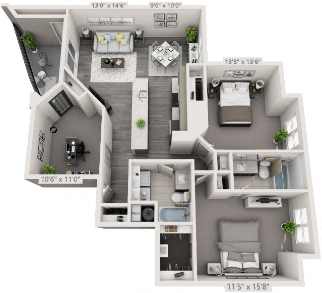 Floor plan for 3 beds, 2 baths, 1387 sqft