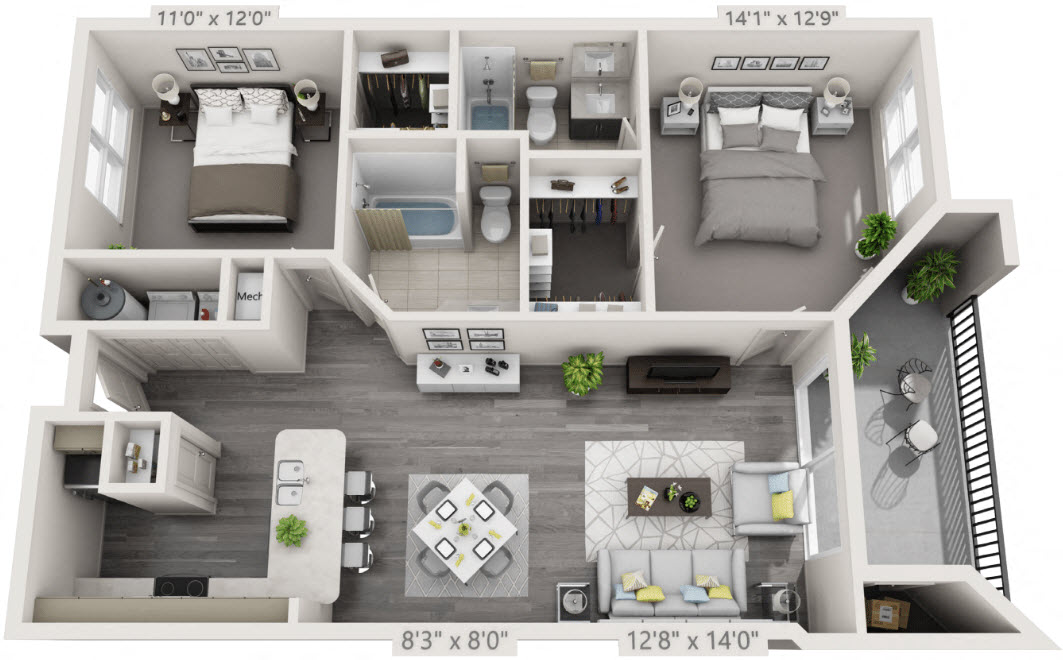 Floor plan for 2 beds, 2 baths, 1110 sqft