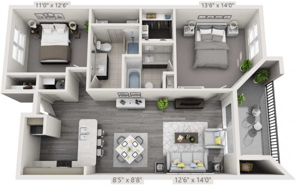 Floor plan for 2 beds, 2 baths, 1110 sqft