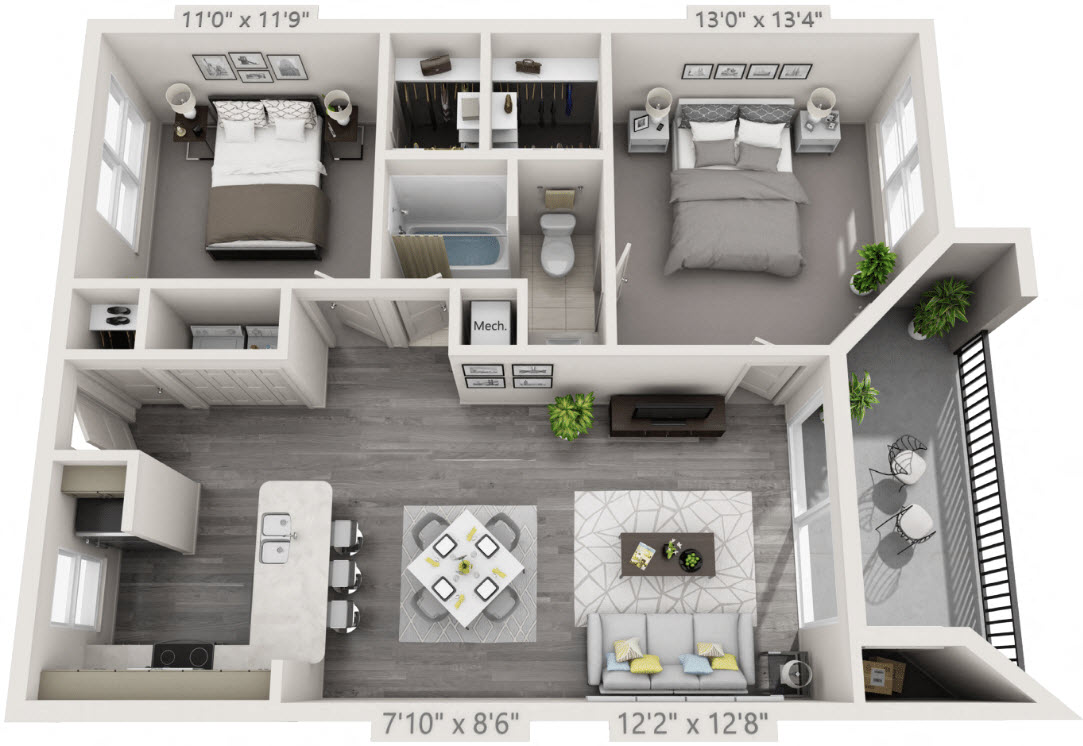 Floor plan for 2 beds, 1 bath, 975 sqft