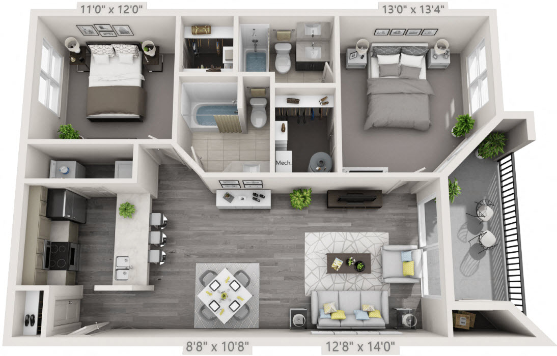 Floor plan for 2 beds, 2 baths, 1110 sqft