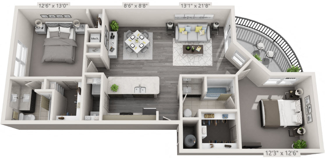Floor plan for 2 beds, 2 baths, 1185 sqft
