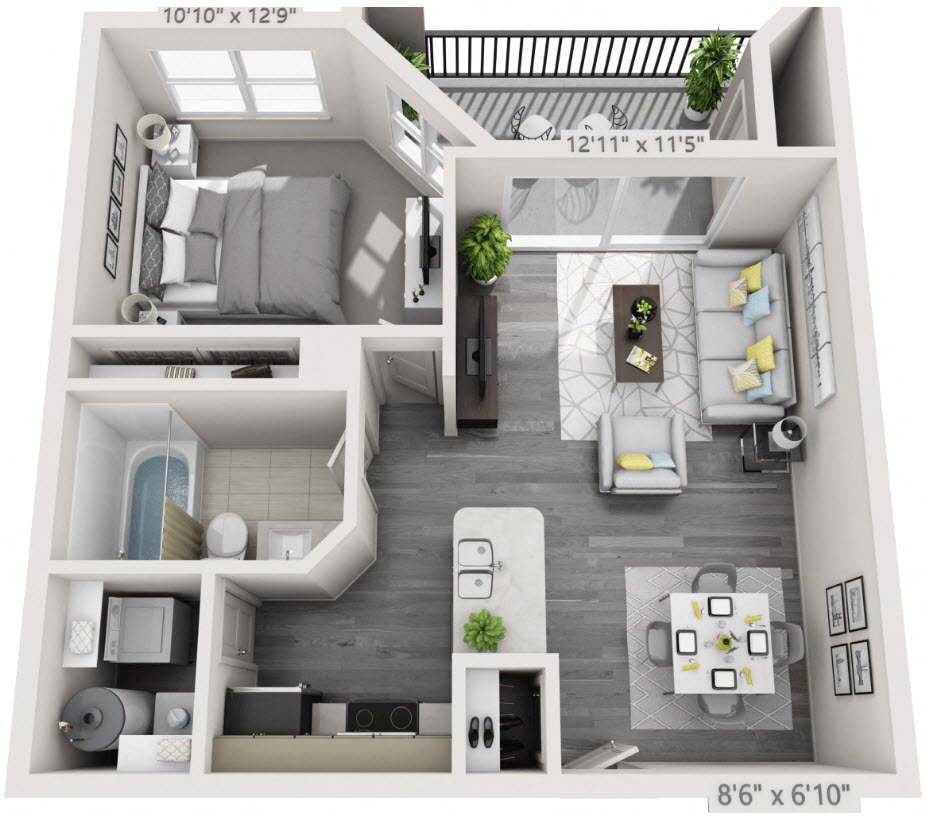 Floor plan for 1 bed, 1 bath, 736 sqft