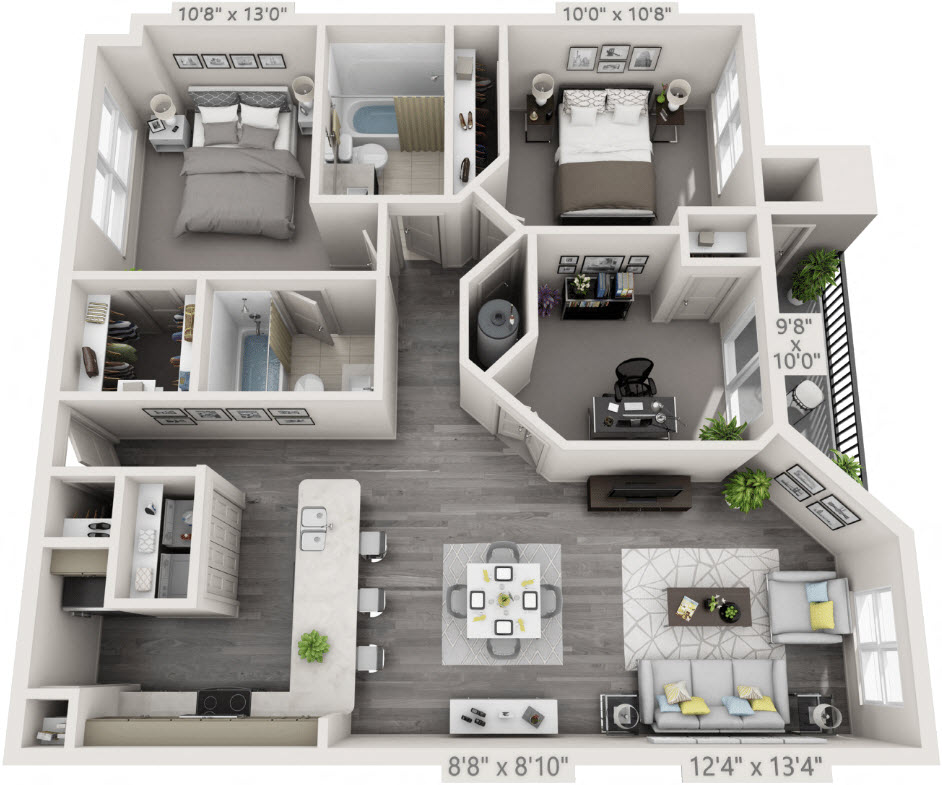 Floor plan for 2 beds, 2 baths, 1174 sqft
