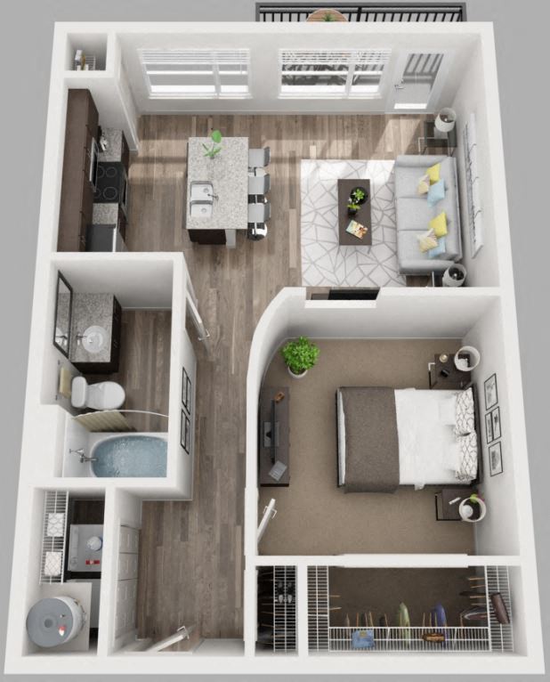 Floor plan for 1 bed, 1 bath, 704 sqft