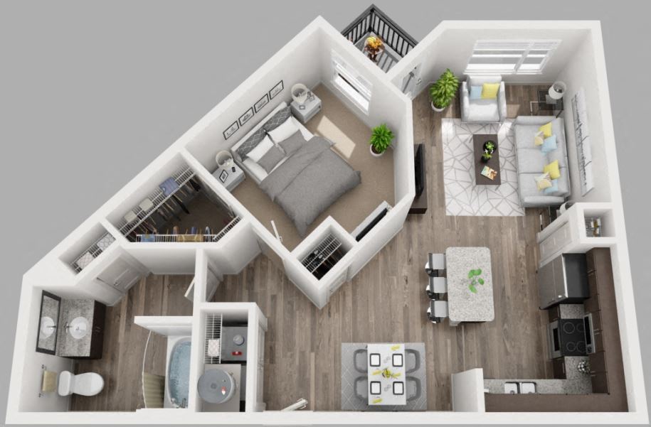 Floor plan for 1 bed, 1 bath, 762 sqft