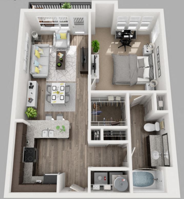 Floor plan for 1 bed, 1 bath, 799 sqft