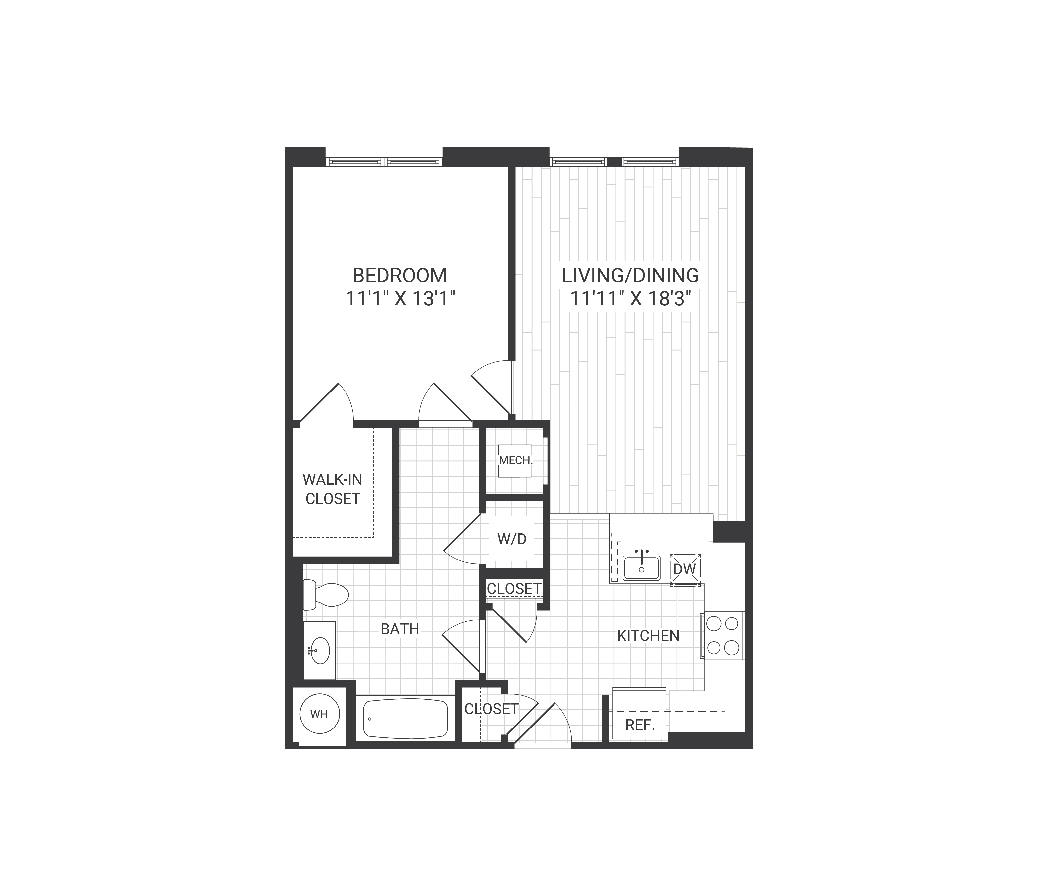 Floor plan for 1 bed, 1 bath, 730 sqft
