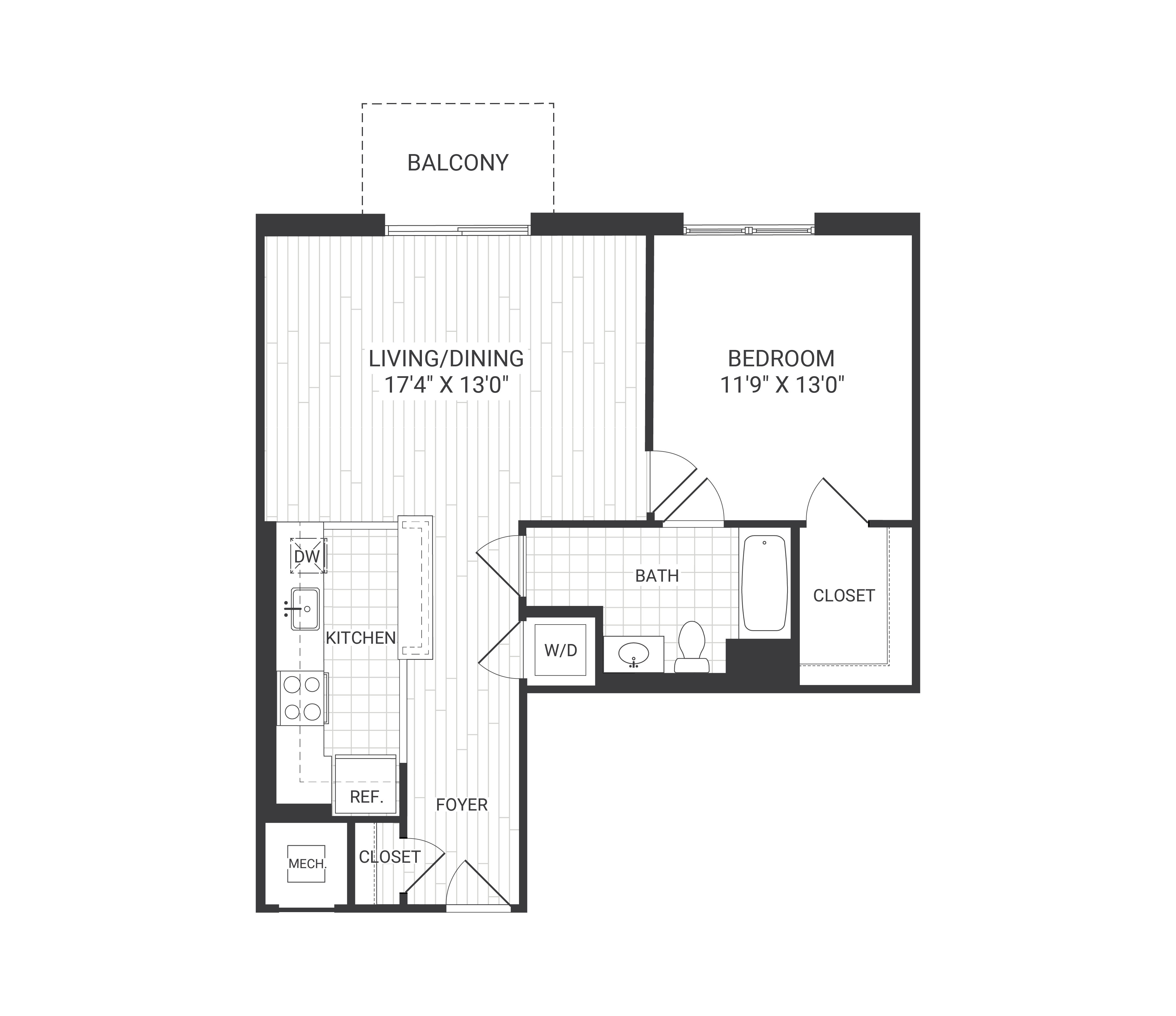Floor plan for 1 bed, 1 bath, 756 sqft