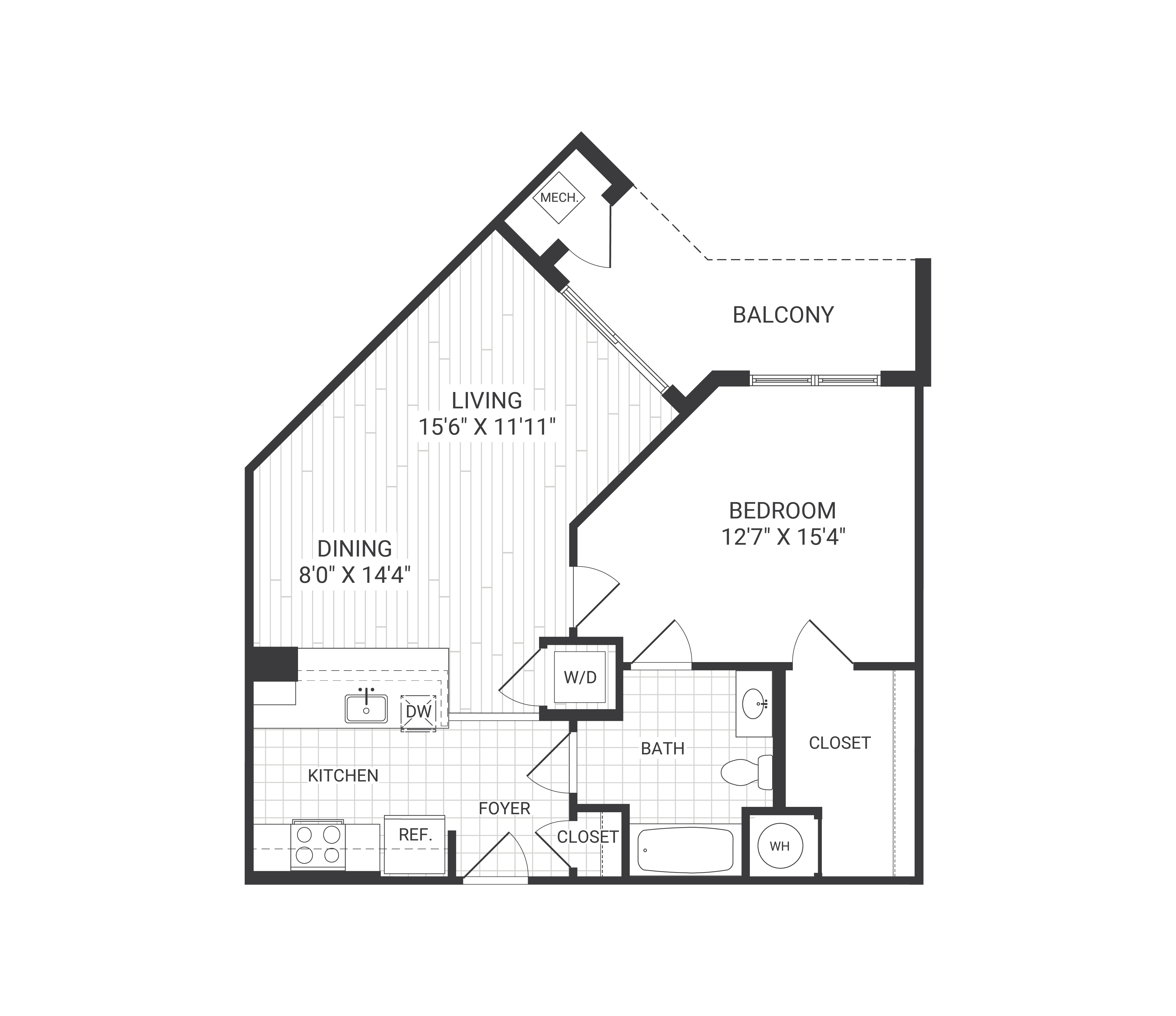 Floor plan for 1 bed, 1 bath, 763 sqft