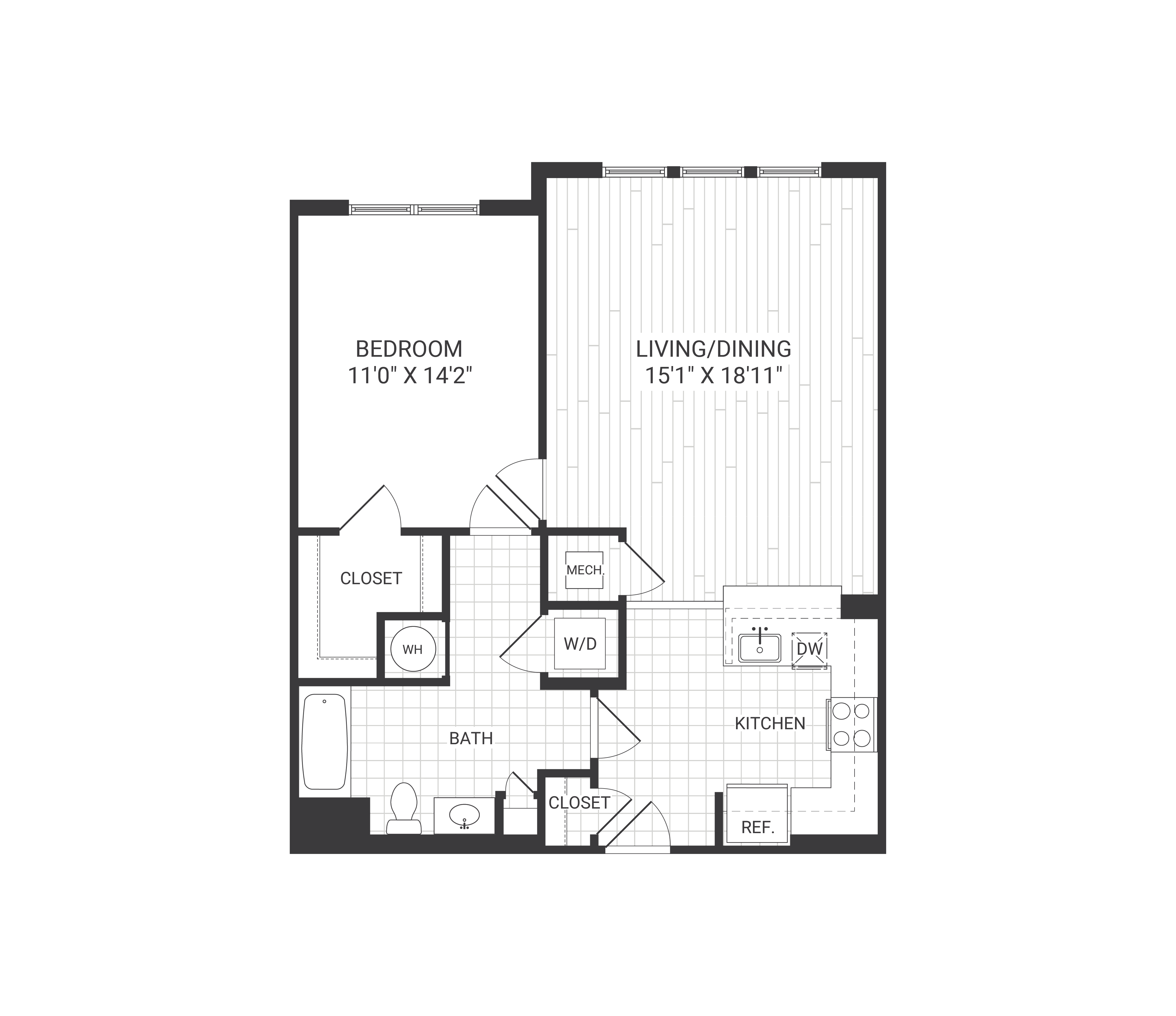 Floor plan for 1 bed, 1 bath, 820 sqft