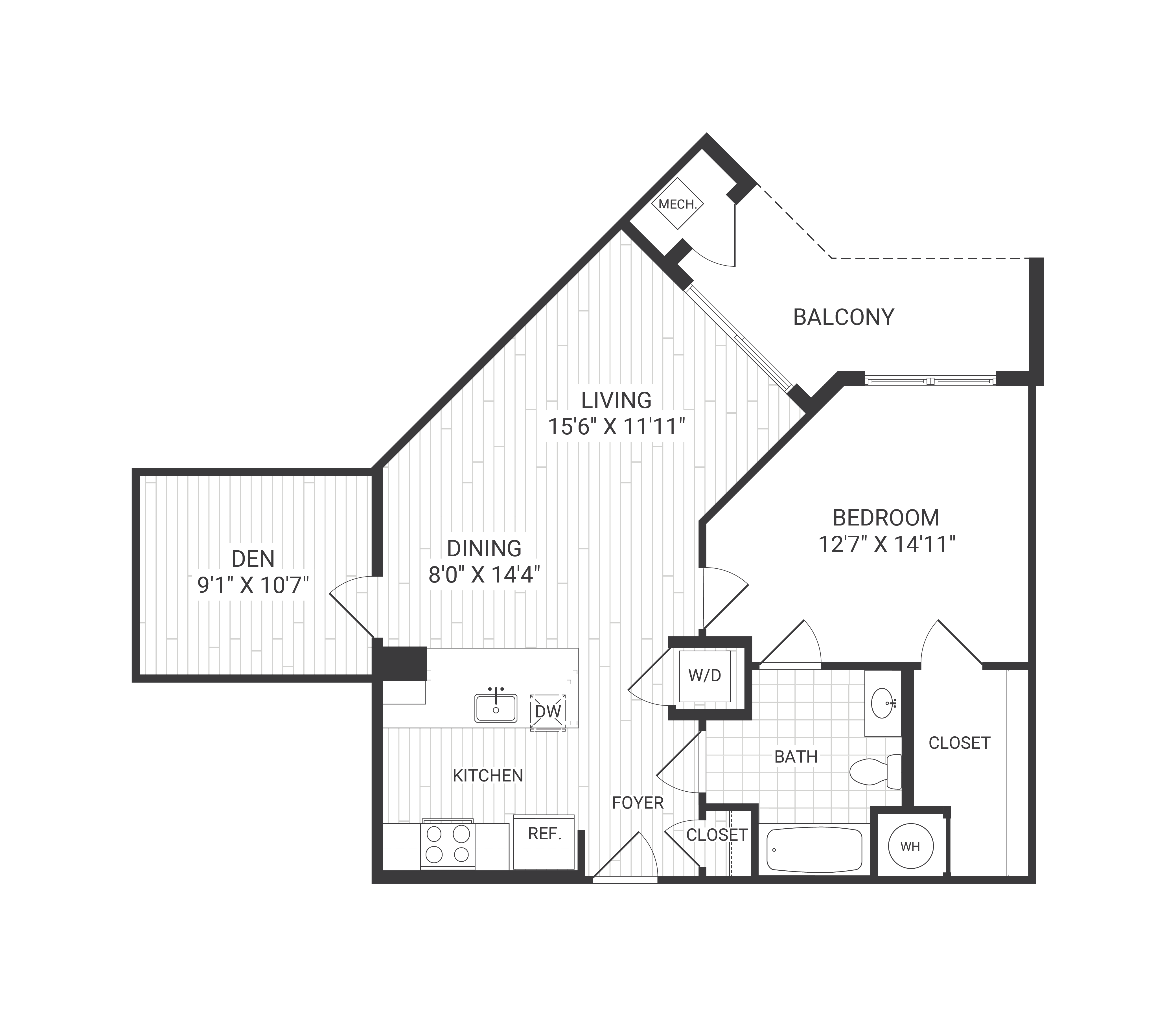 Floor plan for 1 bed, 1 bath, 854 sqft